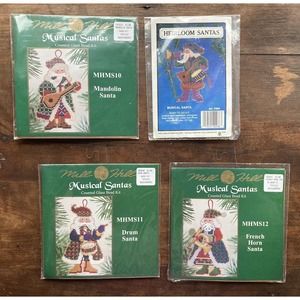 Set Of 4 Glass Bead And Embroidery Ornament Kits Christmas Musical Santa’s